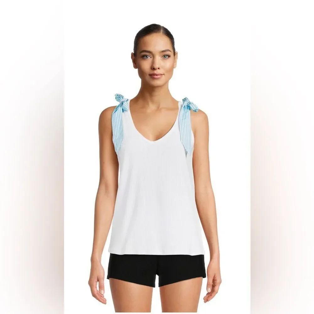 NWT Time and Tru Sz L Bow Shoulder Tank Top White & Tiffany-Blue Stripes